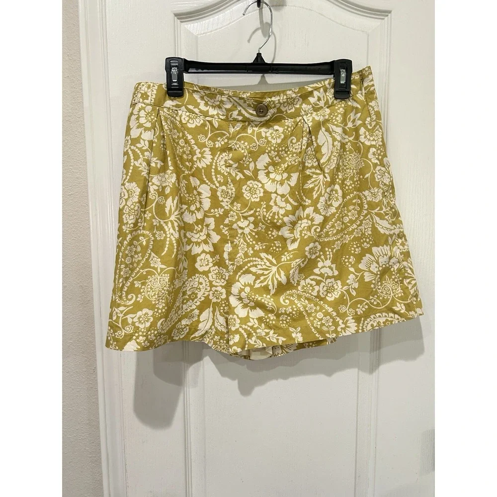 Anthropologie Maeve Pleated Poplin Floral Shorts in Chartreuse Mustard Yellow - Picture 5 of 9